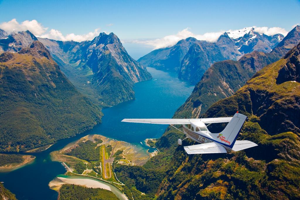 Beautiful Approach and landing at Milford Sound Airport in New Zealand